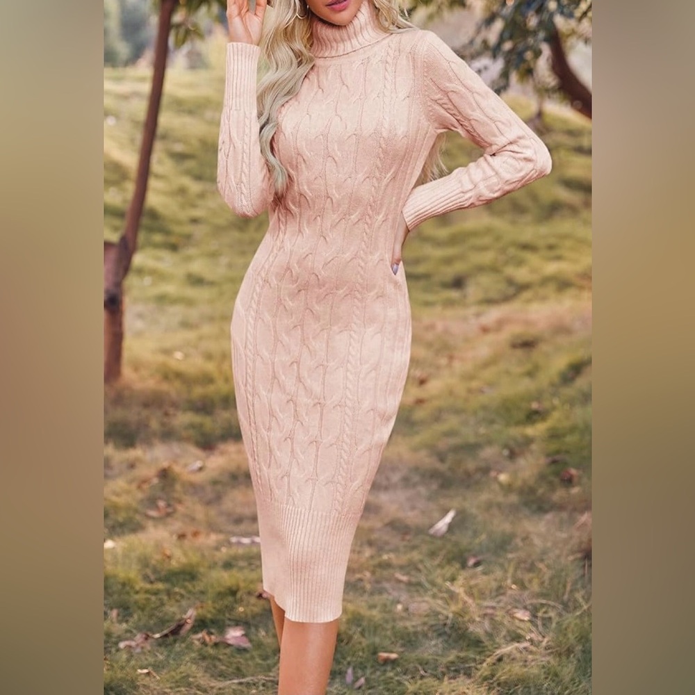 Pink Sweater Dress Long Sleeve Winter Warm Midi Bodycon Turtleneck